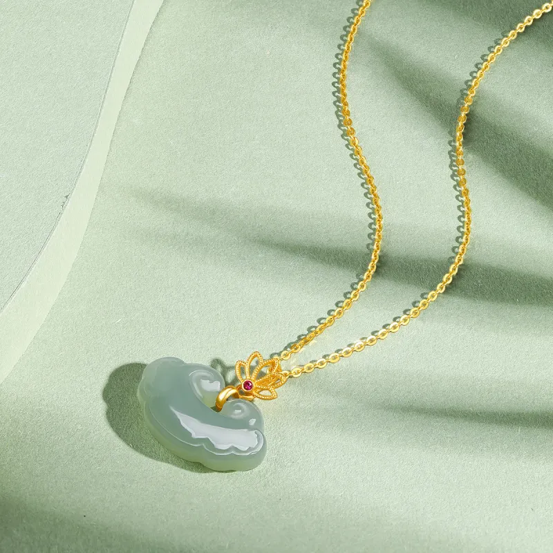 Cuiya Golden Building S925 Silver Hetian Jade Pendants Women's Pale Greenish-White Jade-2