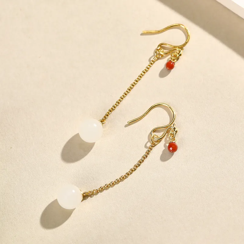 Cuiya Golden Building Hetian Jade Earrings Pale Greenish White Jade Women's-1