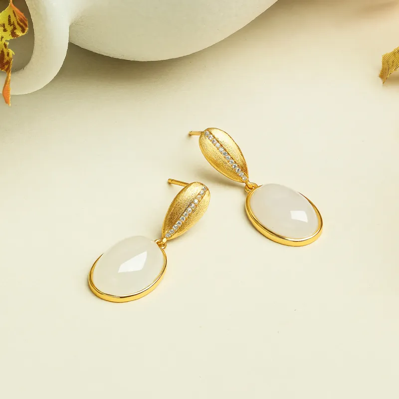 Cuiya Golden Building Hetian Jade Earrings Pale Greenish White Jade Women's-5