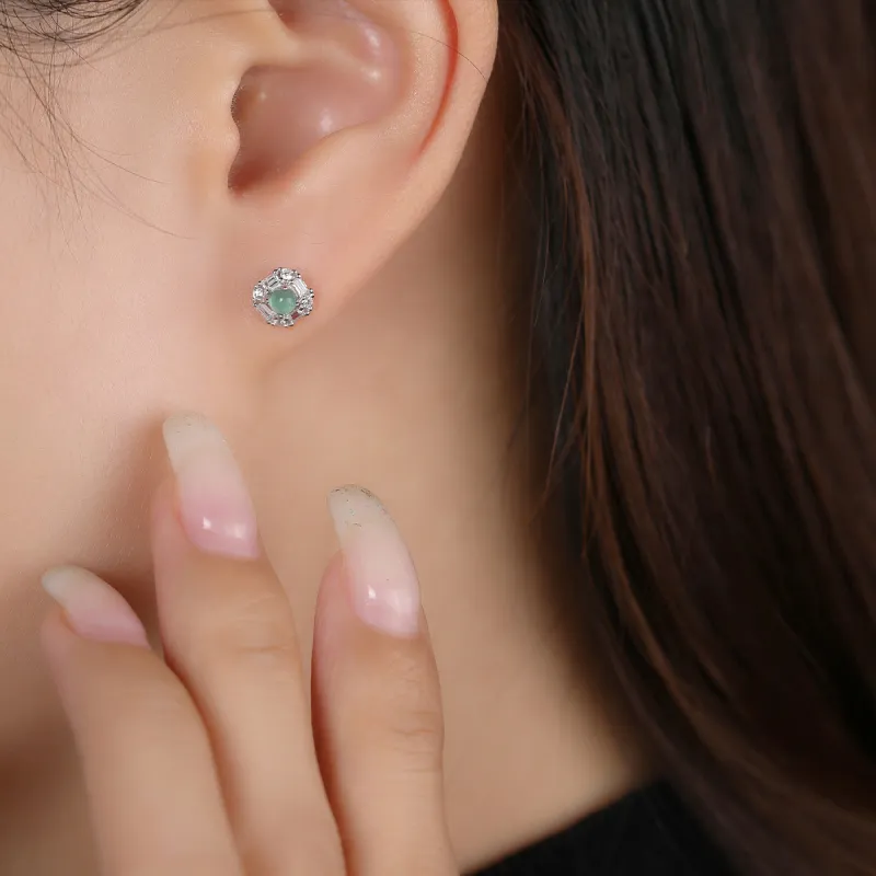 Cuiya Golden Building Ice Type Jadeite Stud Earrings Women's-9