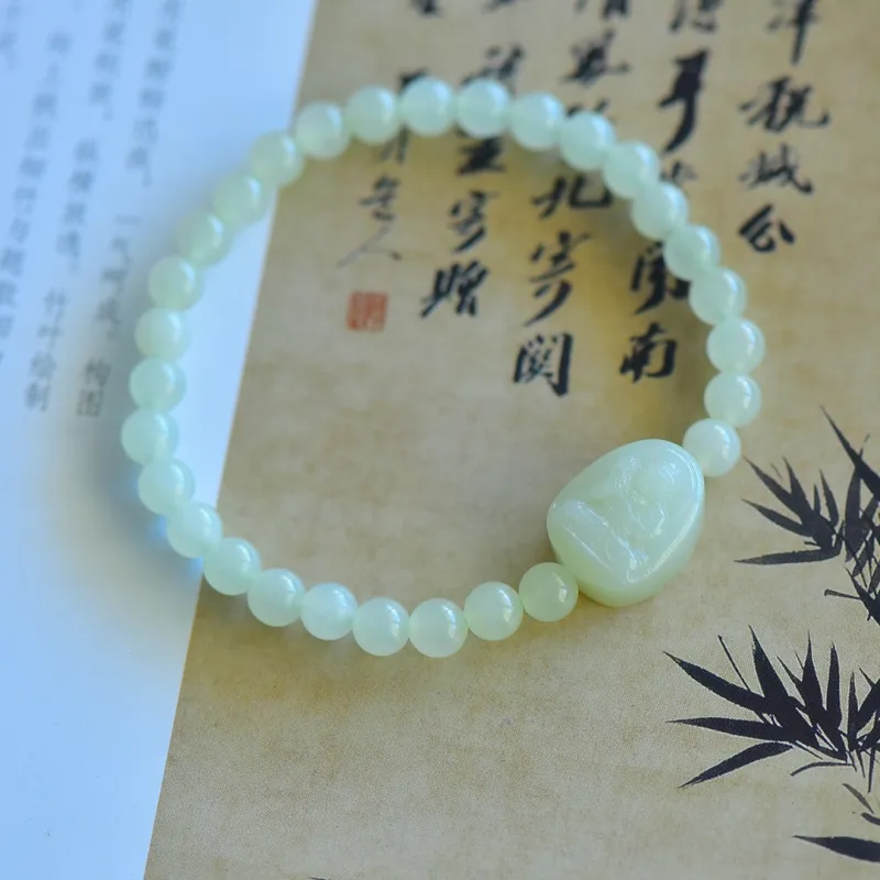 Cuiya Golden Building Hetian Jade Bracelets Pale Greenish-White Jade Unisex-18