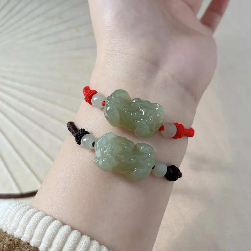 Cuiya Golden Building Hetian Jade Bracelets Pale Greenish White Jade Unisex-3