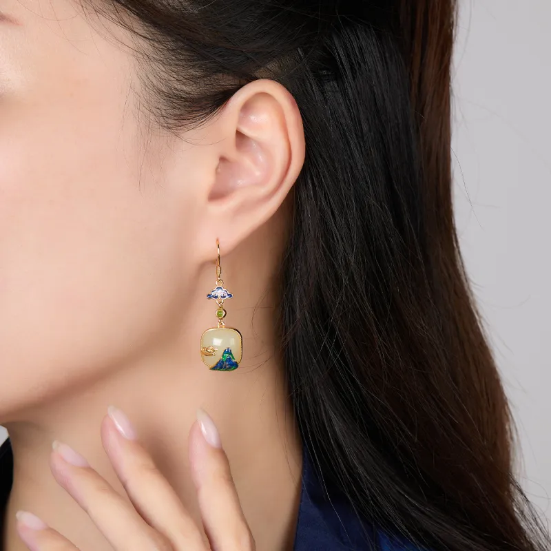 Cuiya Golden Building Hetian Jade Earrings Pale Greenish White Jade Women's-4
