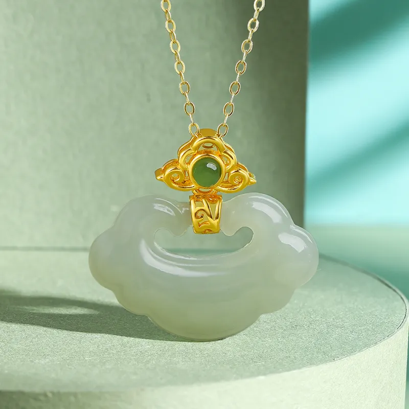 Cuiya Golden Building S925 Silver Hetian Jade Pendants Women's Pale Greenish-White Jade-1