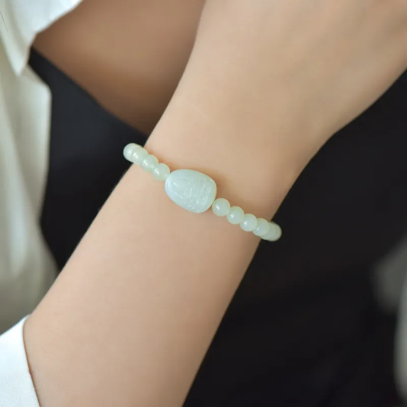 Cuiya Golden Building Hetian Jade Bracelets Pale Greenish-White Jade Unisex-30