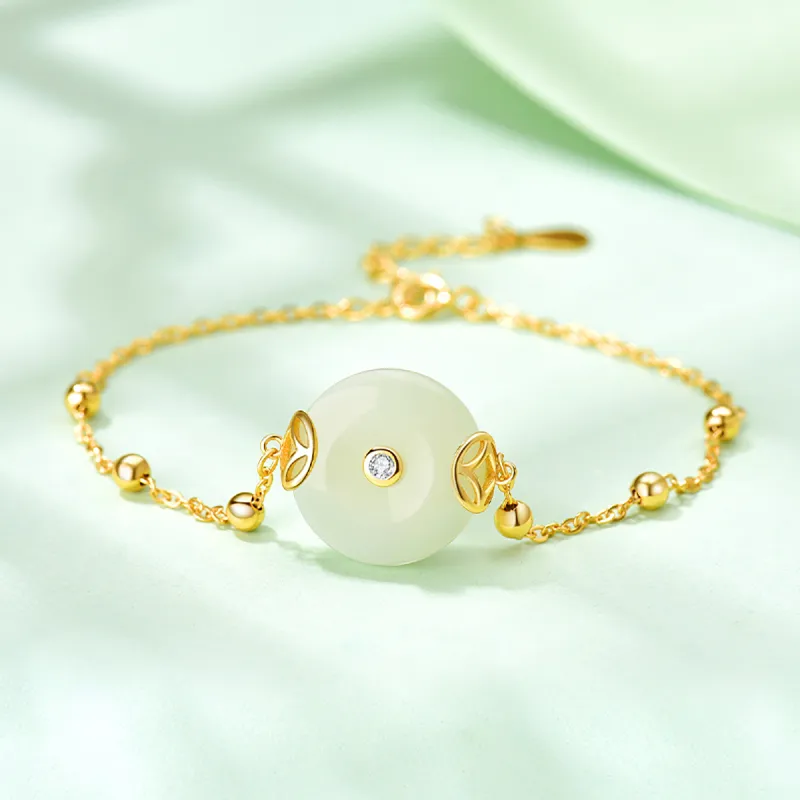 Cuiya Golden Building Hetian Jade Bracelets Pale Greenish White Jade Women's-2