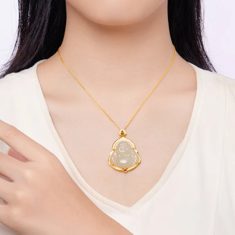 Cuiya Golden Building S925 Silver Hetian Jade Pendants Women's Pale Greenish White Jade-3