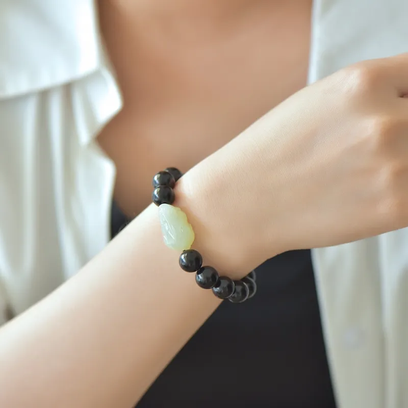 Cuiya Golden Building Hetian Jade Ebony Wood Beaded Bracelet Pale Greenish White Jade Unisex-1