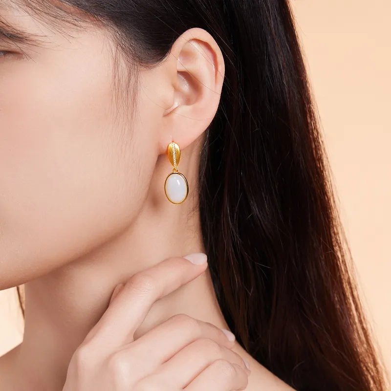 Cuiya Golden Building Hetian Jade Earrings Pale Greenish White Jade Women's-3