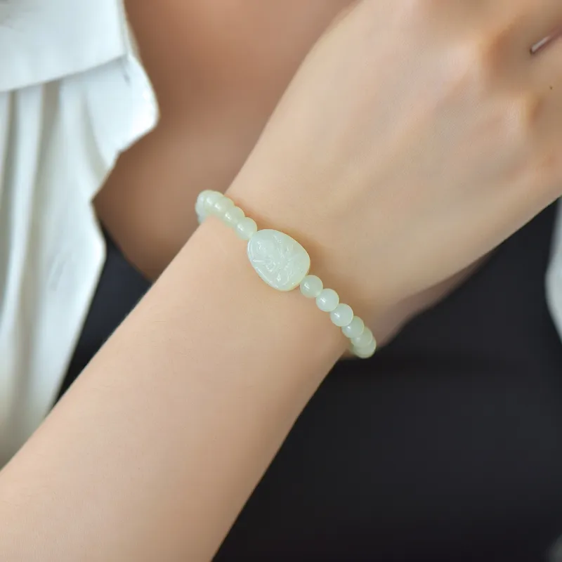 Cuiya Golden Building Hetian Jade Bracelets Pale Greenish-White Jade Unisex-10