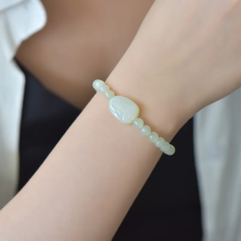 Cuiya Golden Building Hetian Jade Bracelets Pale Greenish-White Jade Unisex-20