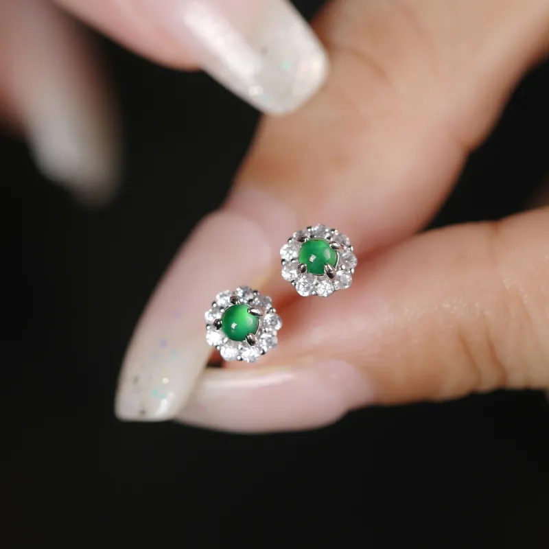 Cuiya Golden Building Ice Type Jadeite Stud Earrings Women's-5