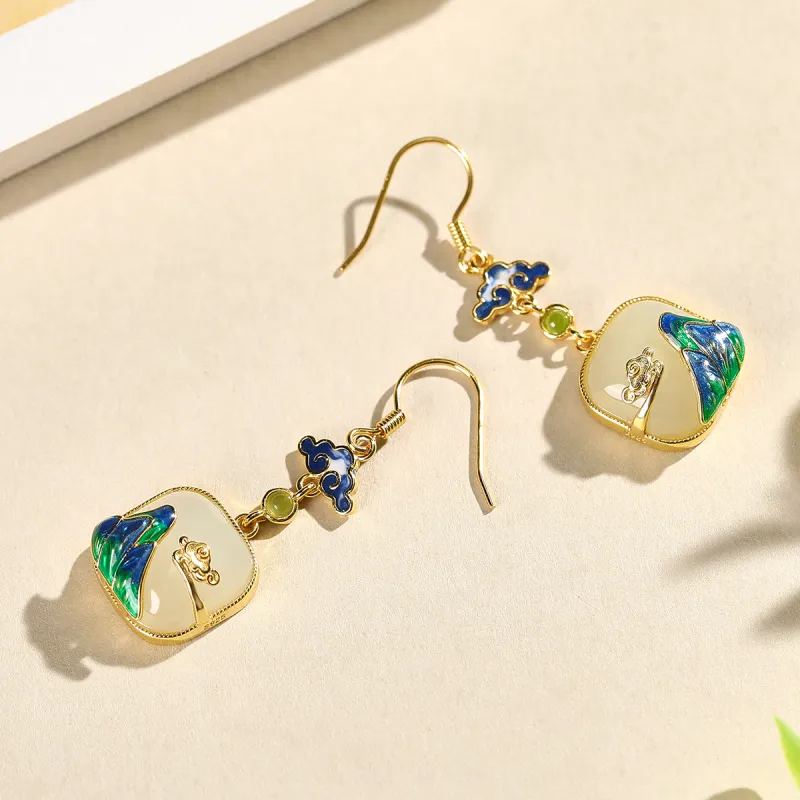 Cuiya Golden Building Hetian Jade Earrings Pale Greenish White Jade Women's-2