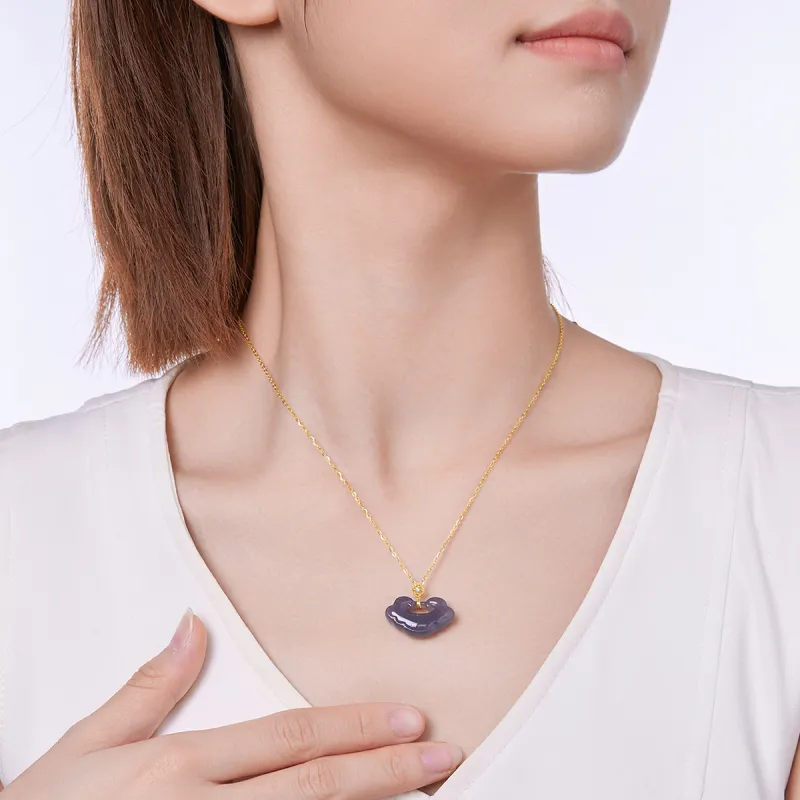 Cuiya Golden Building 18K Gold Hetian Jade Pendants Women's Pale Greenish White Jade-2