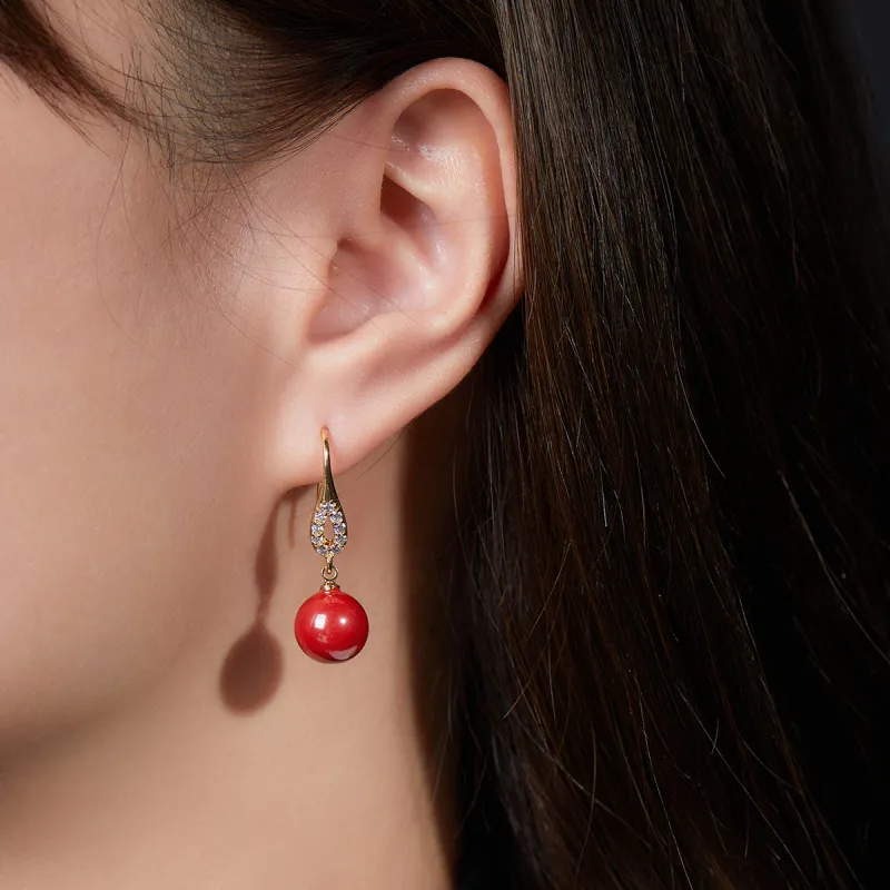 Cuiya Golden Building Reconstructed Cinnabar Earrings Women's-1