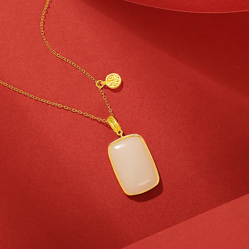 Cuiya Golden Building Hetian Jade Necklaces Pale Greenish White Jade Unisex-3