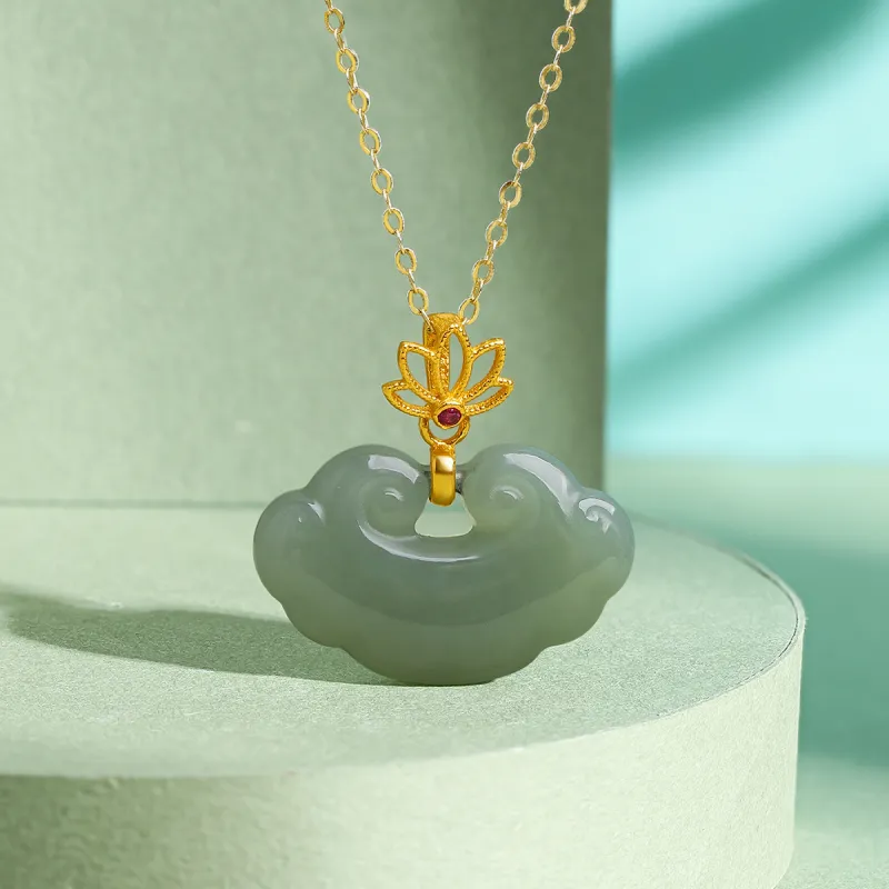 Cuiya Golden Building S925 Silver Hetian Jade Pendants Women's Pale Greenish-White Jade-3