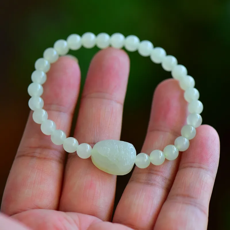 Cuiya Golden Building Hetian Jade Bracelets Pale Greenish-White Jade Unisex-7
