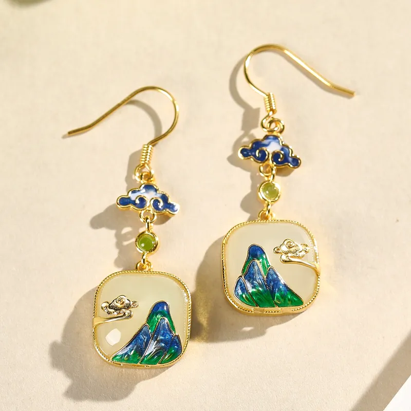 Cuiya Golden Building Hetian Jade Earrings Pale Greenish White Jade Women's-1