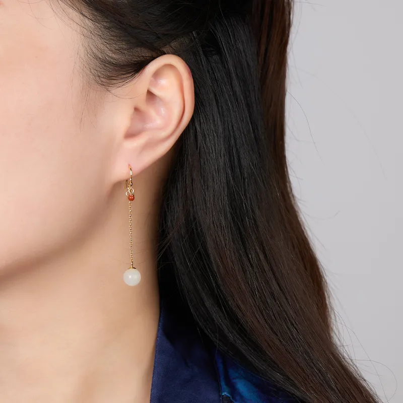Cuiya Golden Building Hetian Jade Earrings Pale Greenish White Jade Women's-2