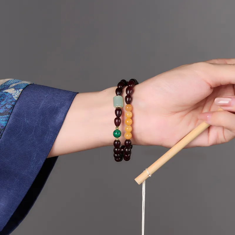 Cuiya Golden Building Pterocarpus Double Circle Beaded Bracelet Unisex-4