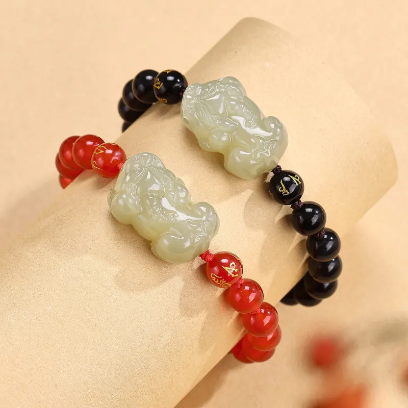Cuiya Golden Building Hetian Jade Bracelets Pale Greenish White Jade Unisex-2