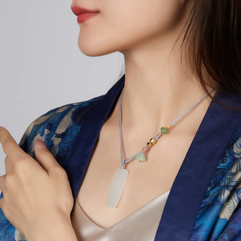Cuiya Golden Building Hetian Jade Necklaces White Jade Unisex-4