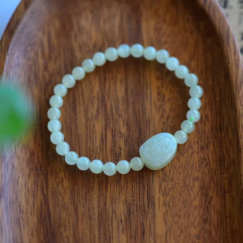 Cuiya Golden Building Hetian Jade Bracelets Pale Greenish-White Jade Unisex-31