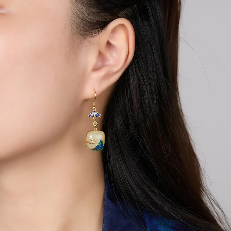 Cuiya Golden Building Hetian Jade Earrings Pale Greenish White Jade Women's-3