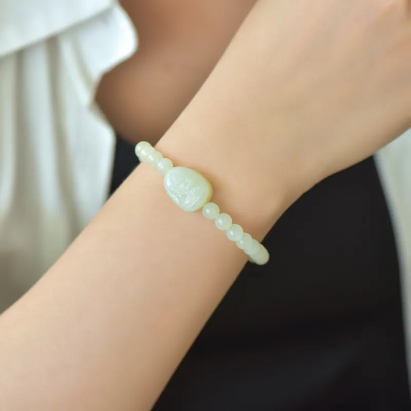 Cuiya Golden Building Hetian Jade Bracelets Pale Greenish-White Jade Unisex-15