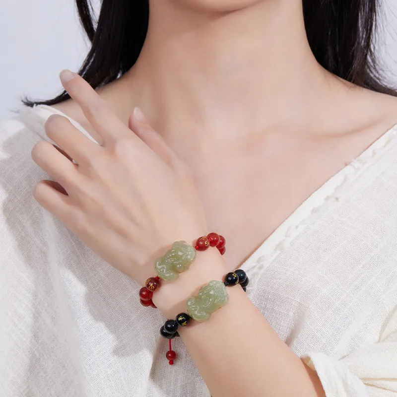 Cuiya Golden Building Hetian Jade Bracelets Pale Greenish White Jade Unisex-3