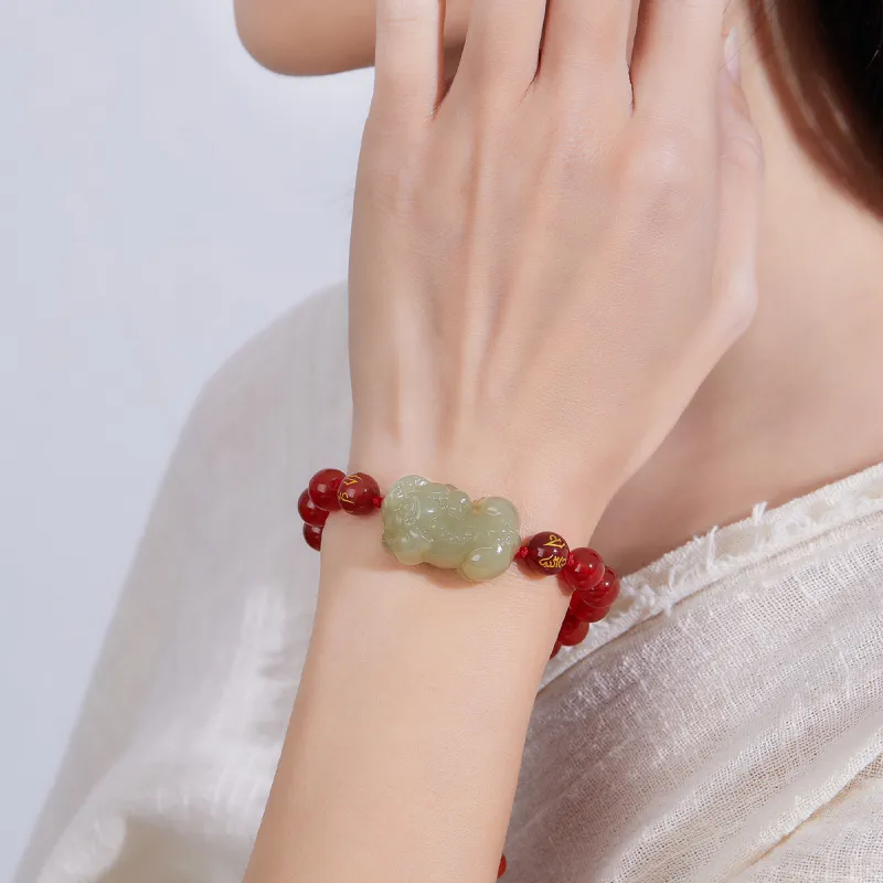 Cuiya Golden Building Hetian Jade Bracelets Pale Greenish White Jade Unisex-4