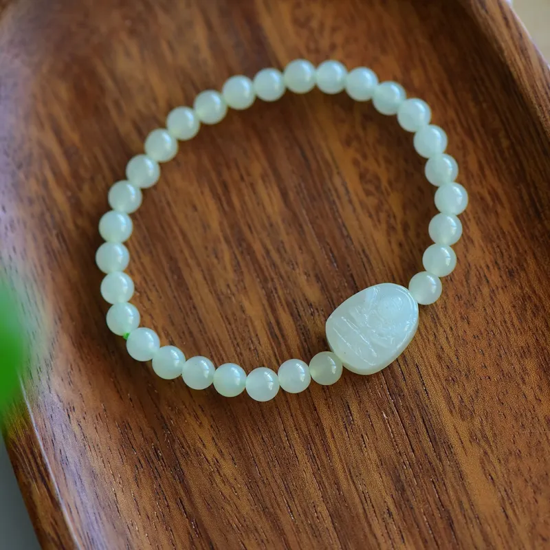 Cuiya Golden Building Hetian Jade Bracelets Pale Greenish-White Jade Unisex-11