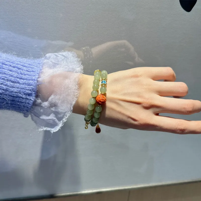 Cuiya Golden Building Bracelets Pale Greenish White Jade Unisex-3