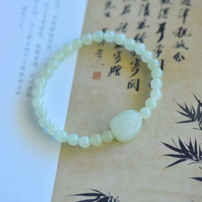 Cuiya Golden Building Hetian Jade Bracelets Pale Greenish-White Jade Unisex-28