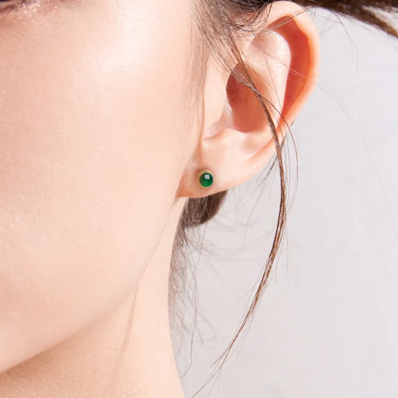 Cuiya Golden Building Ice Glutinous 18K Gold Green Jadeite Stud Earring Unisex-2