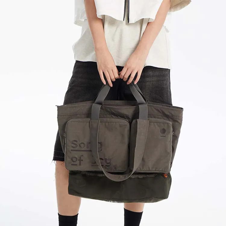 SONG OF JOY Water Repellent Techwear Nylon Unisex One Shoulder Tote Large Size Unisex Step Green/Humorous Black-13