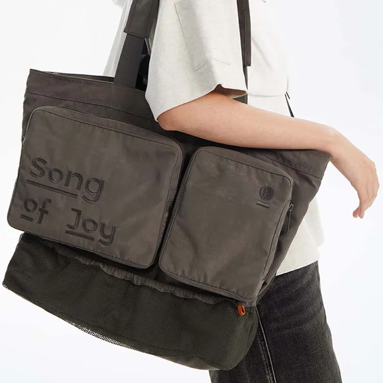 SONG OF JOY Water Repellent Techwear Nylon Unisex One Shoulder Tote Large Size Unisex Step Green/Humorous Black-12