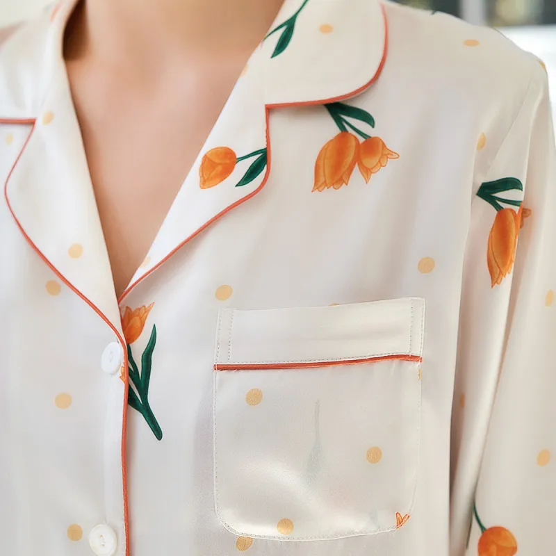 Silk Boundary Pajama Set Women's White Orange-1