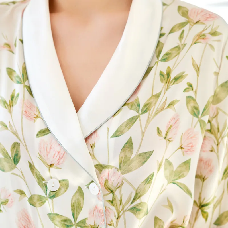 Silk Boundary Pajama Set Women's White Green-1