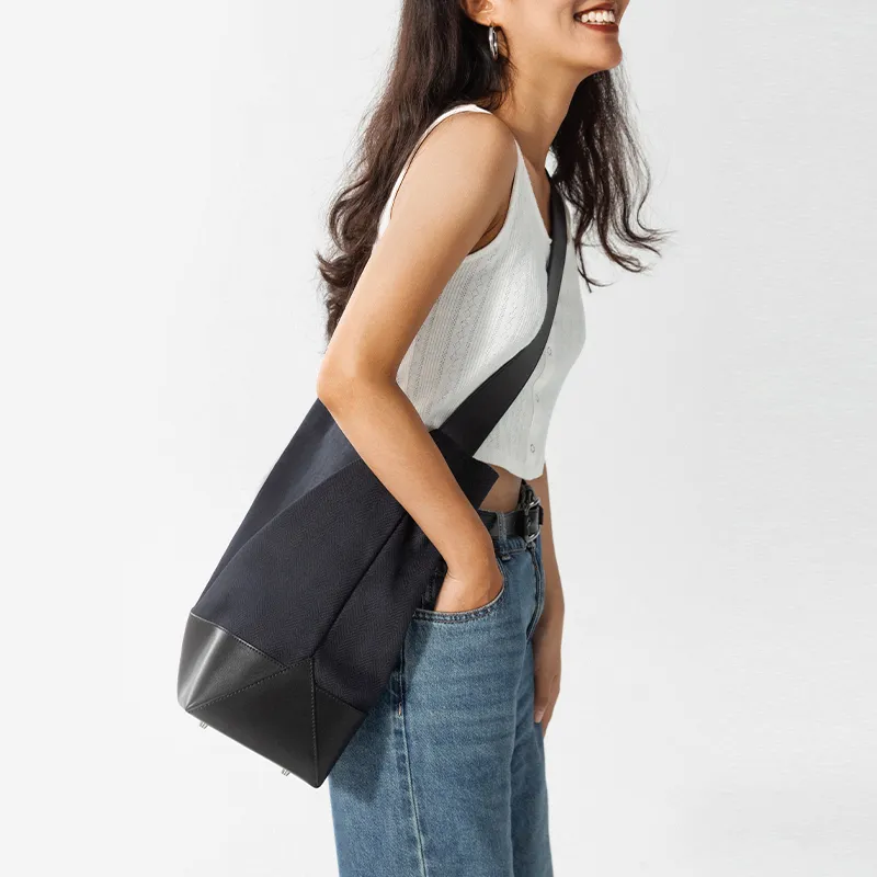 Beau Today Herringbone Canvas Cow Leather Patchwork Canvas Bag Shoulder Bags Unisex Extreme Night Black-3