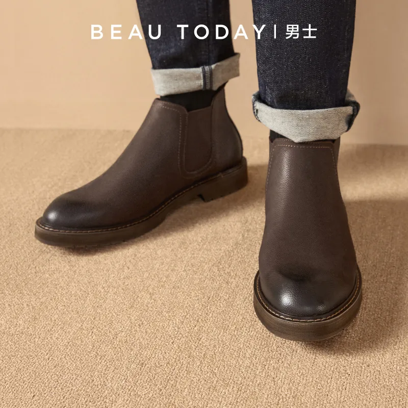 Beau Today Cow Leather Ankle Length Chelsea Boots 3.2cm Men's Coffee-5