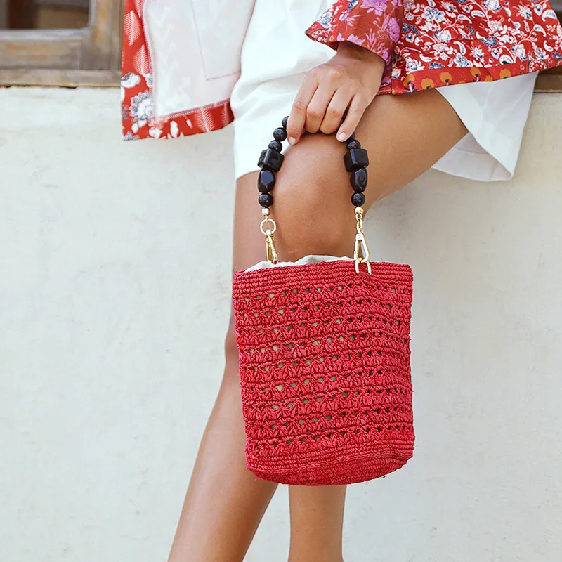 Beau Today Raffia Handbag Medium Size Women's Red-5