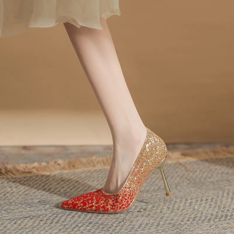 GOSO Slim Heel High Heels 7CM Women's Red Gold-2