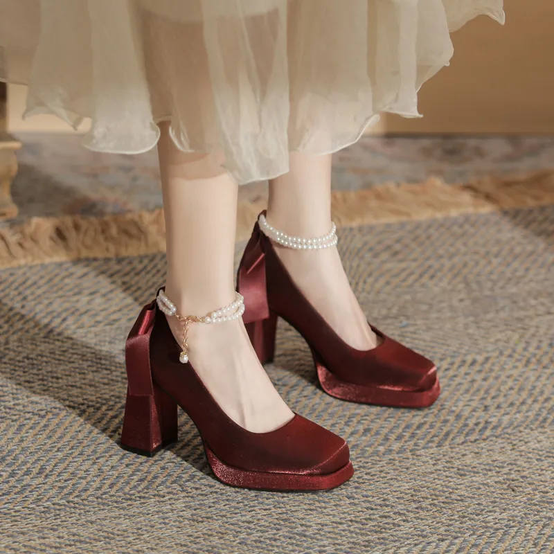 GOSO Chunky Heel High Heels Women's Burgundy-2