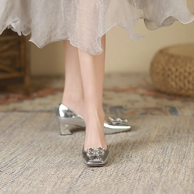 GOSO Chunky Heel High Heels Women's Silver-1