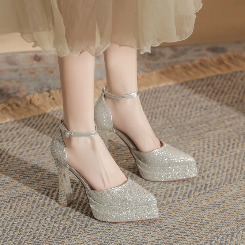 GOSO Chunky Heel High Heels Women's Silver-2
