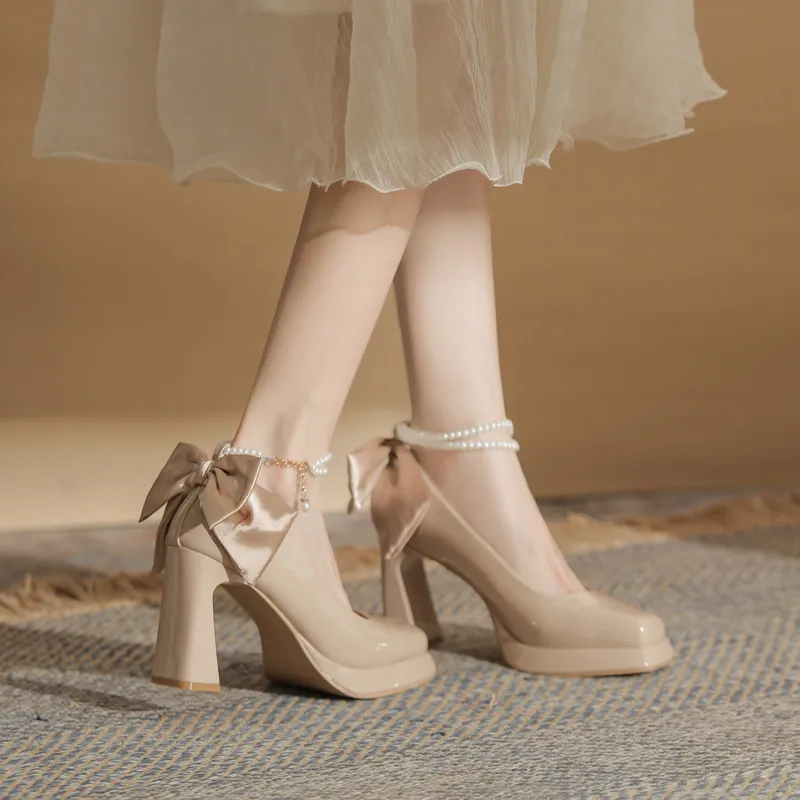 GOSO Chunky Heel High Heels 9CM Women's Nude-4