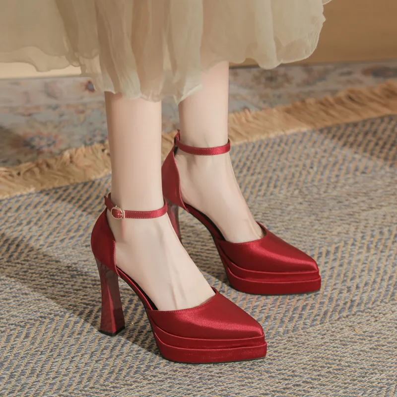 GOSO Chunky Heel High Heels Women's Burgundy-2