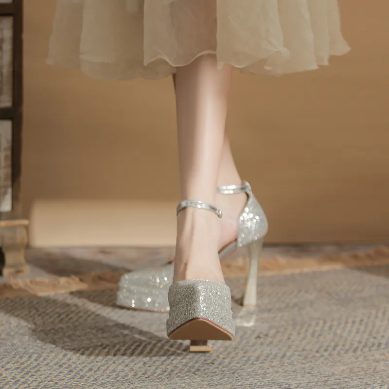GOSO Chunky Heel High Heels Women's Silver-3